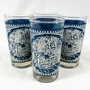 4 Vintage Currier & Ives Blue Frosted 4.75” Glasses Tumblers Old Farm Gate